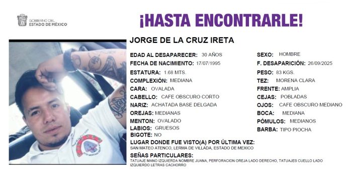 Familiares denuncian desaparición de Jorge de la Cruz Ireta tras detención en Tepetlaoxtoc y presunta liberación en Lerma