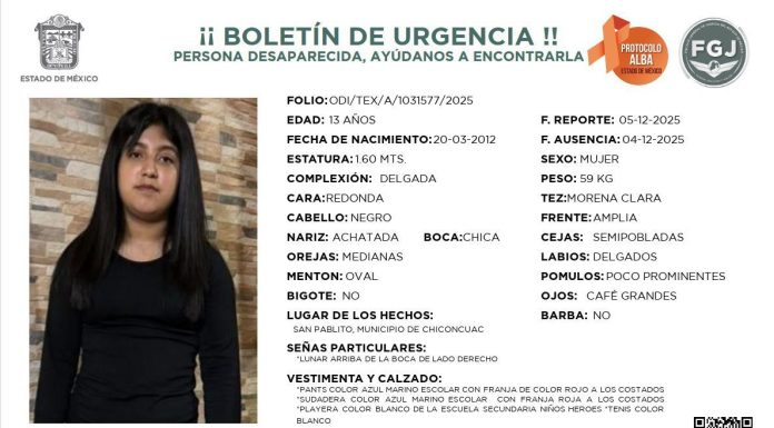 Desaparece Daniela Skarleth, adolescente de 13 años interceptada por un hombre en Chiconcuac